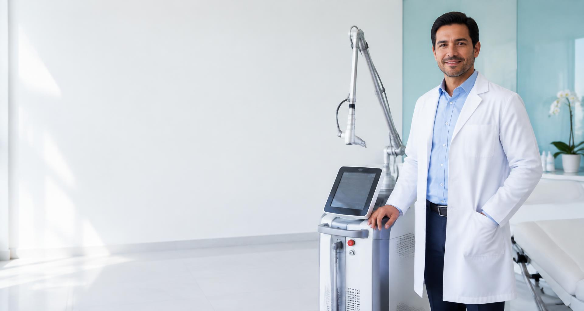 Médico junto a un equipo de tecnología estética en su consultorio